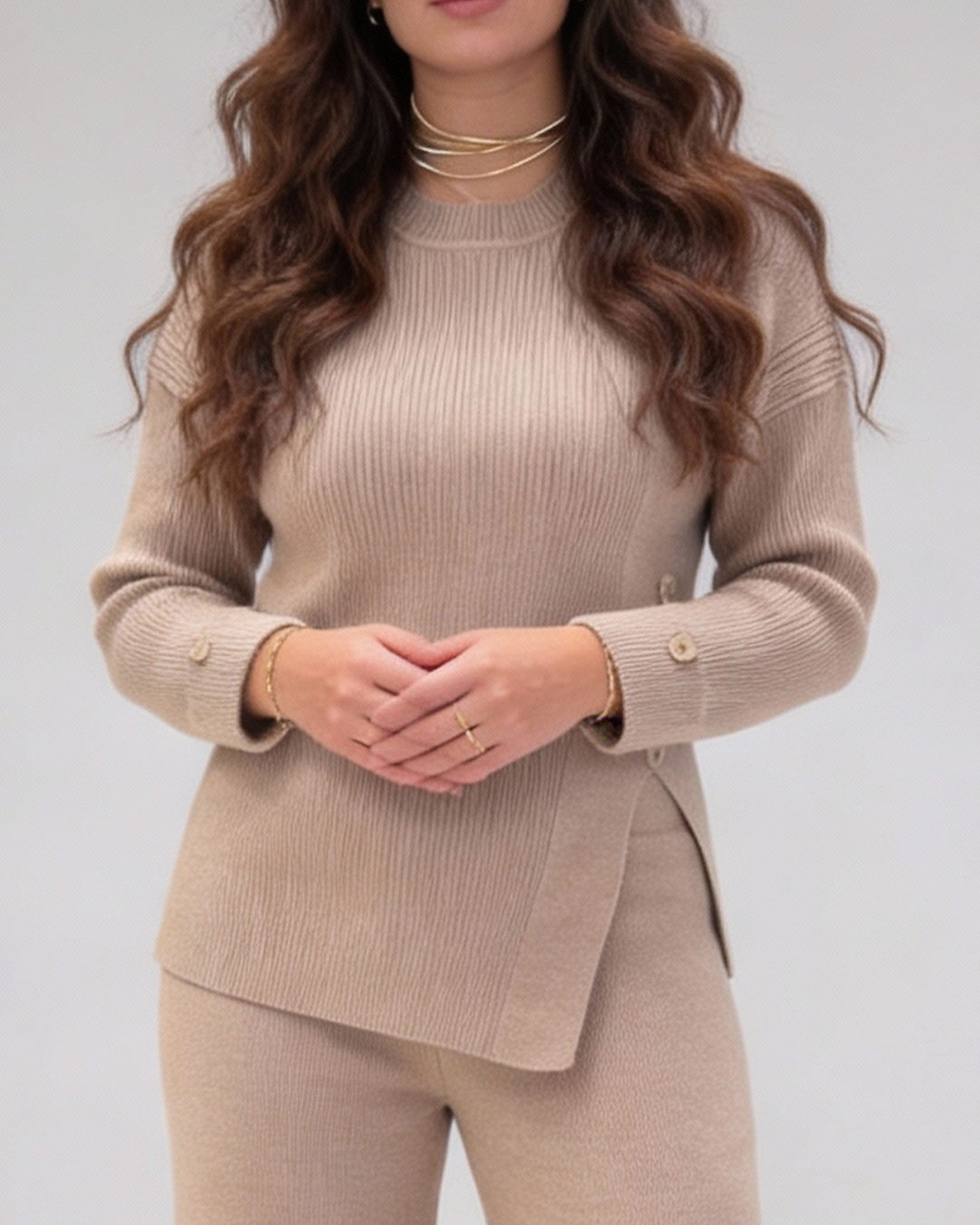 crew neck slit knit set - Café