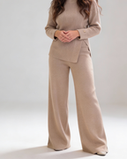 crew neck slit knit set - Café