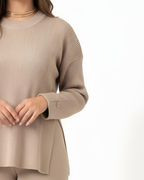 crew neck slit knit set - Café