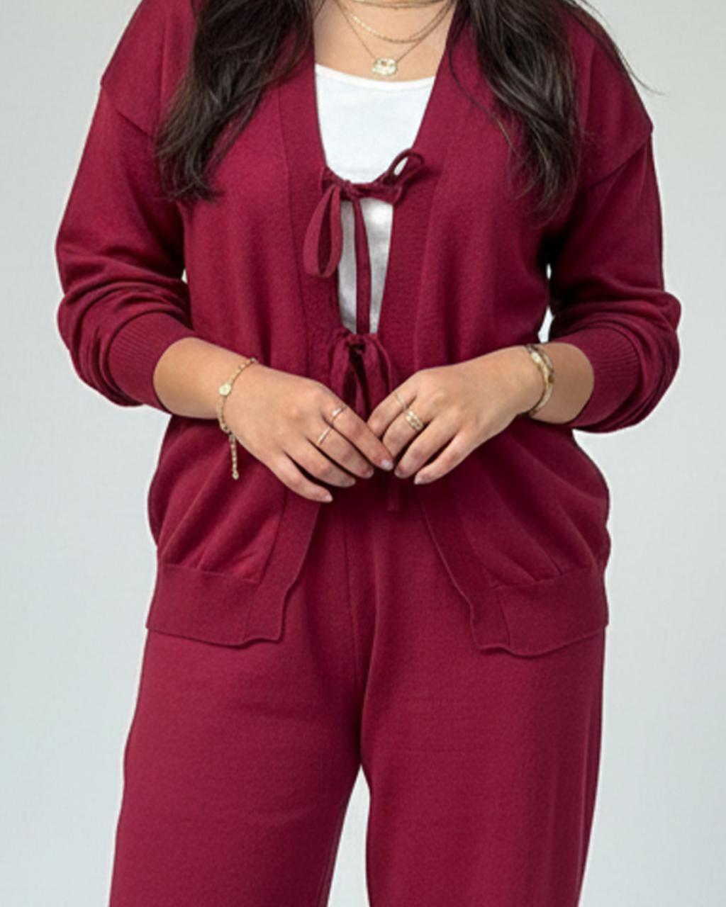 Tie-front knit set- Burgundy