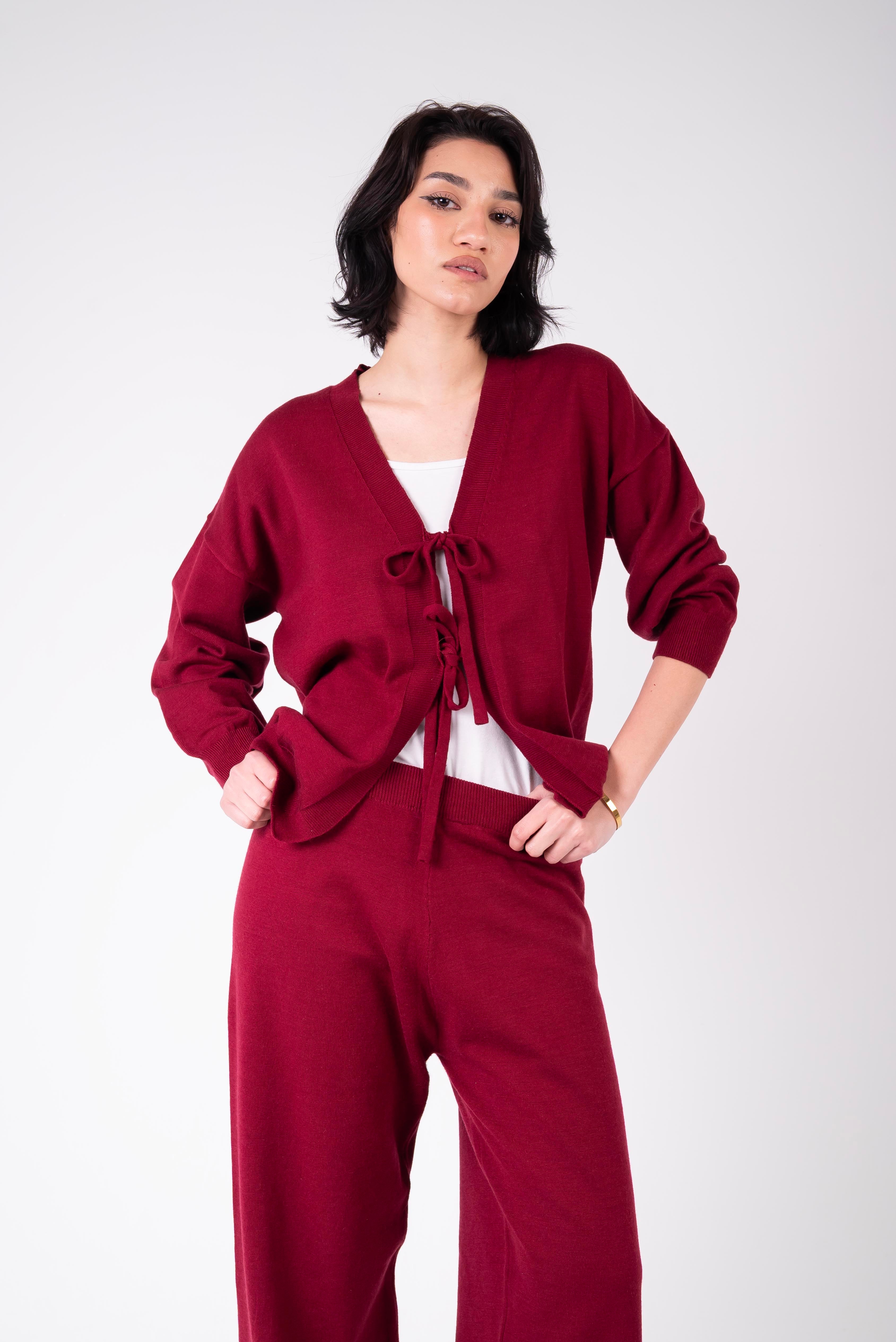 Tie-Front Knit Set – Burgundy
