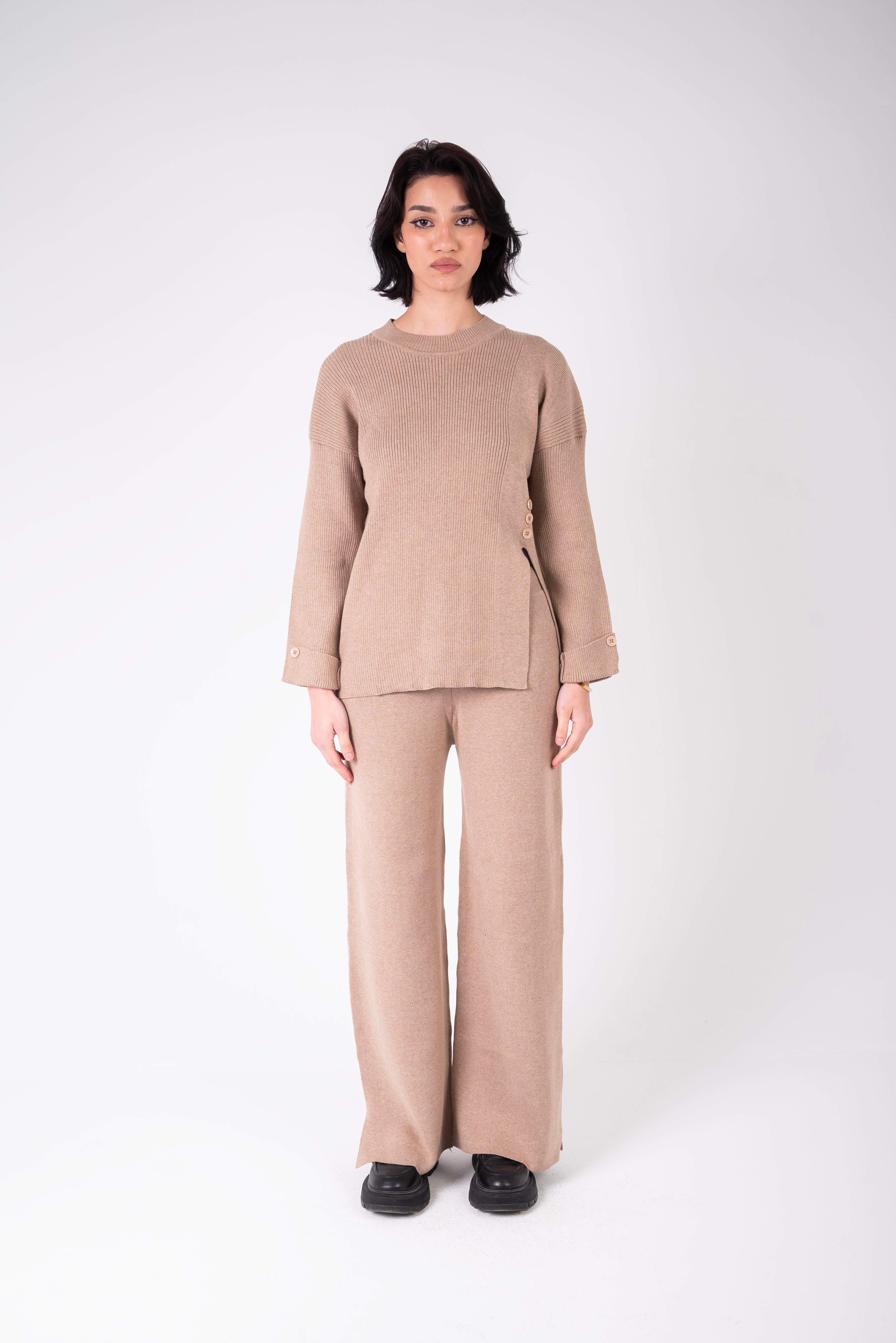 crew neck slit knit set - Café