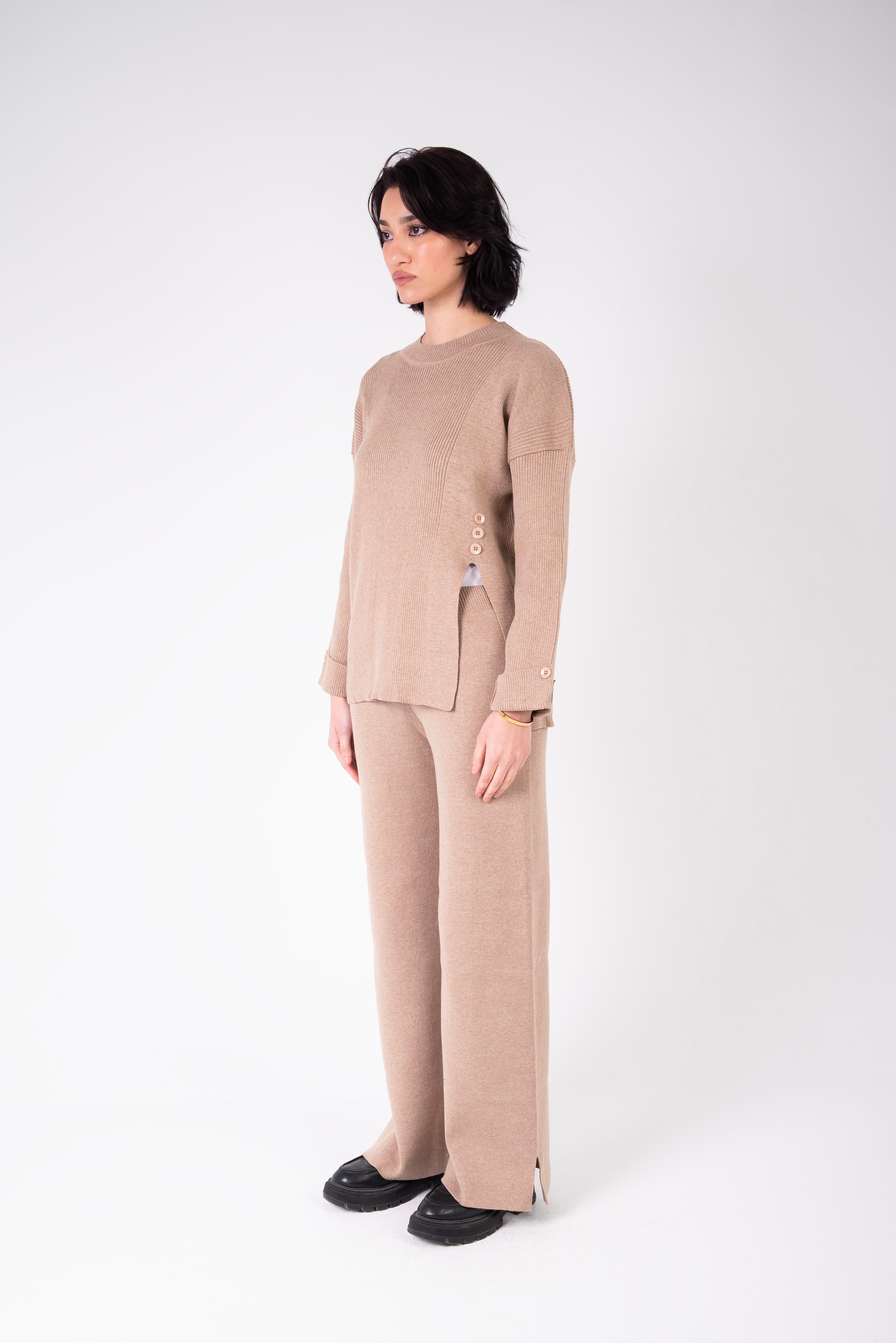 crew neck slit knit set - Café