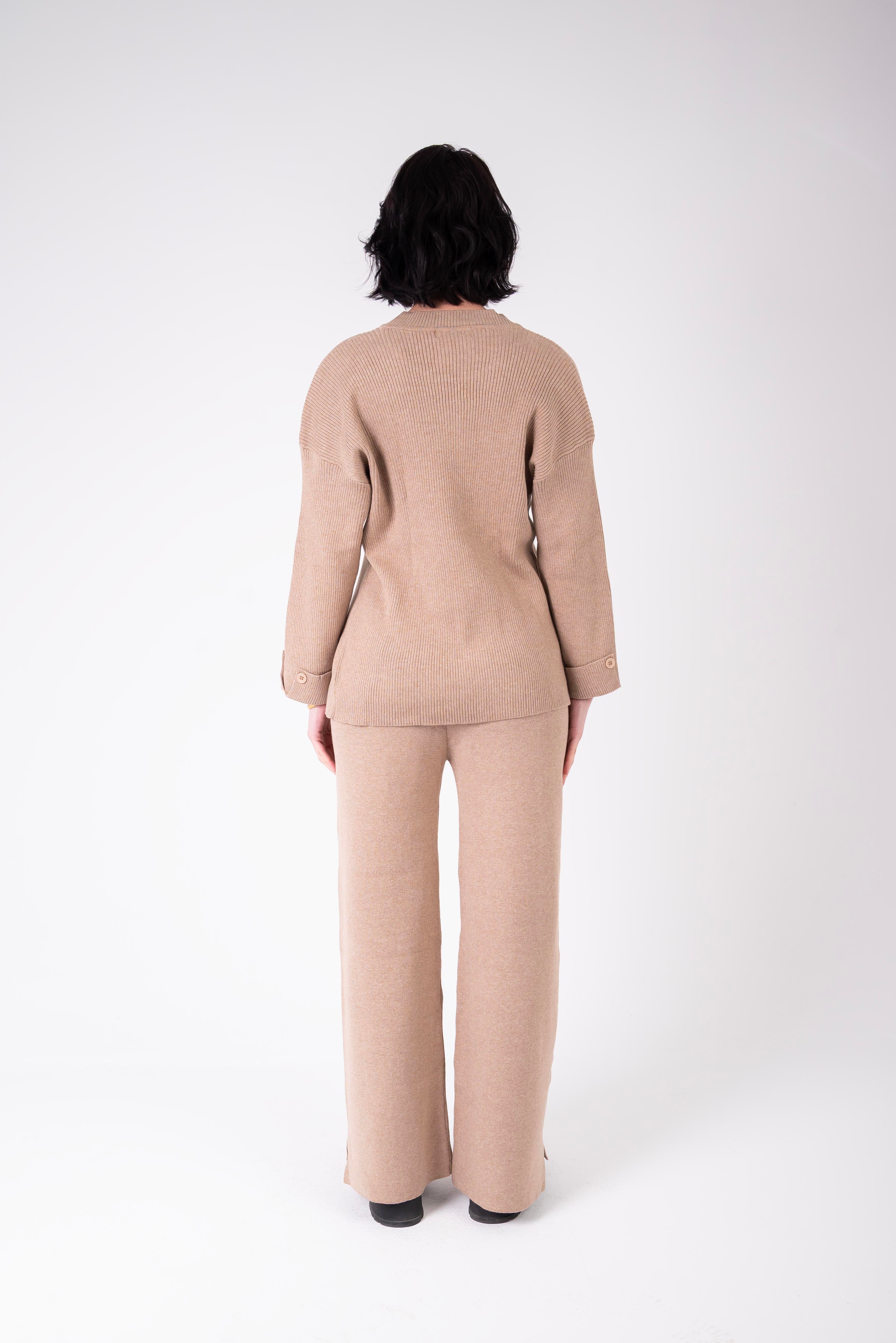 crew neck slit knit set - Café