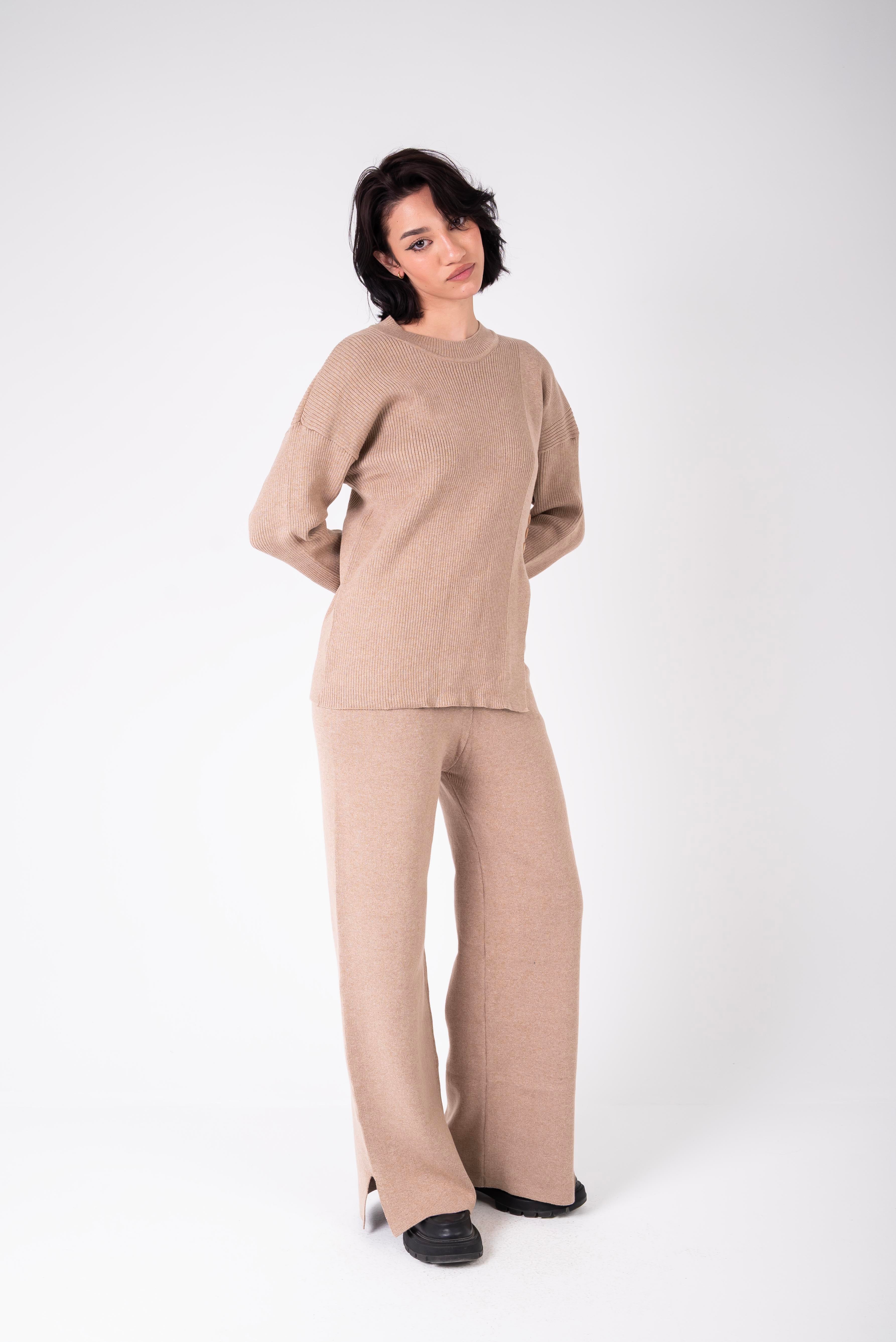 crew neck slit knit set - Café