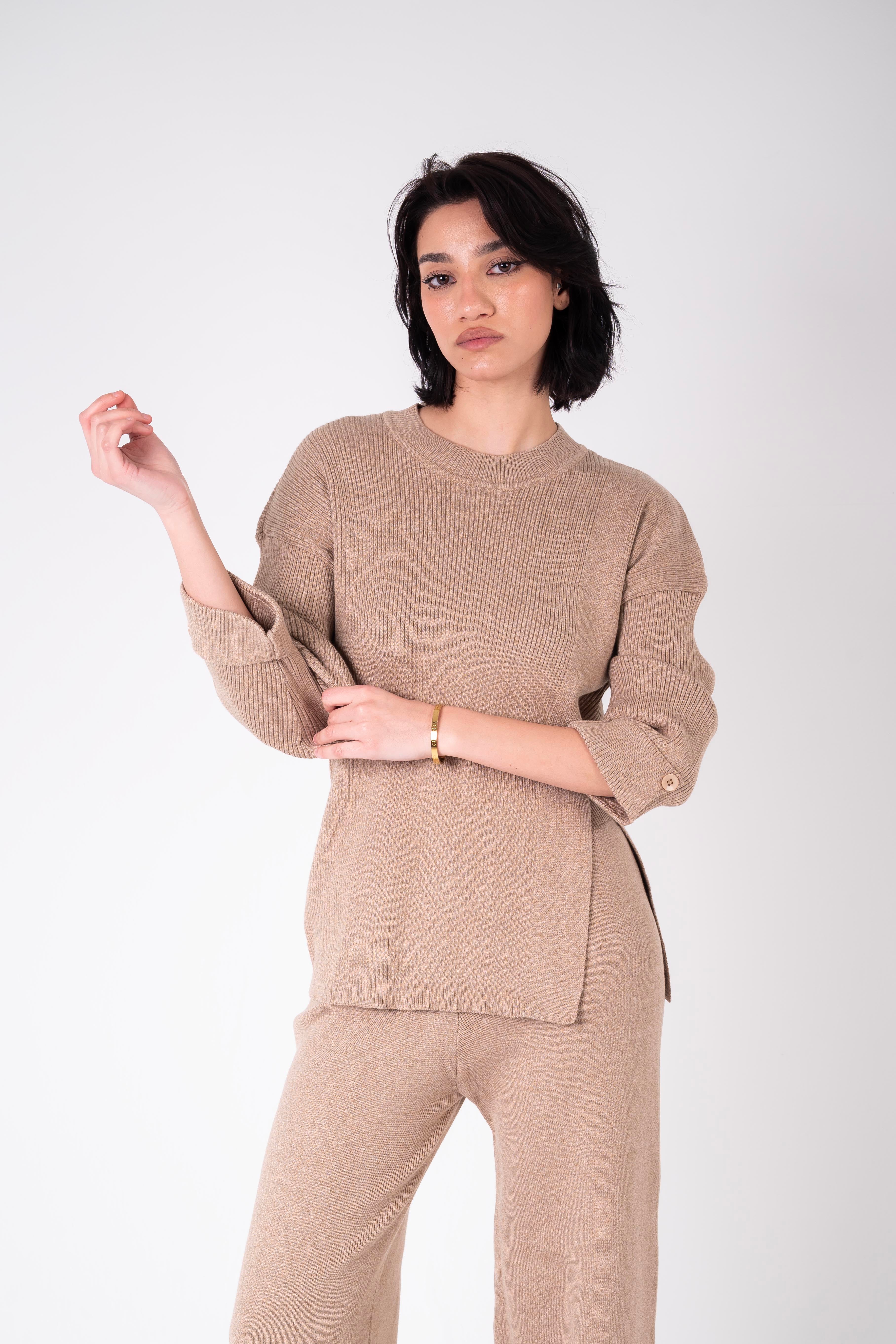 crew neck slit knit set - Café