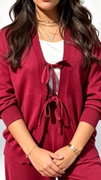 Tie-front knit set- Burgundy