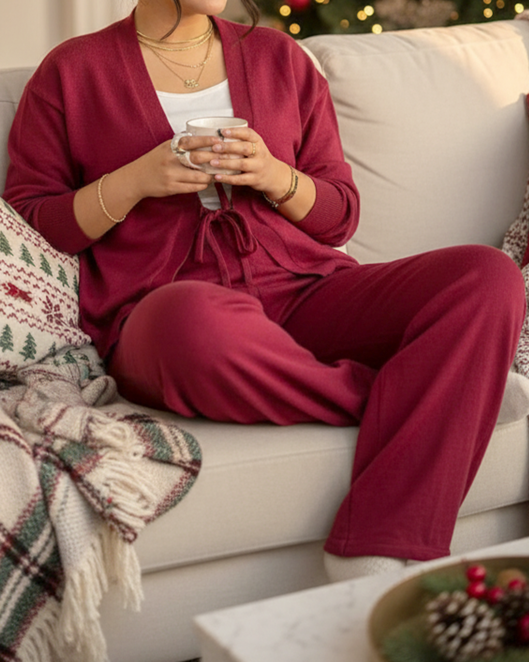 Tie-front knit set- Burgundy