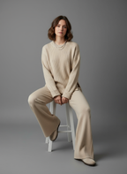 crew neck slit knit set - Café