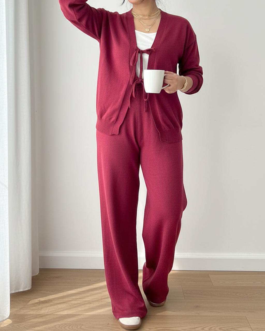 Tie-front knit set- Burgundy