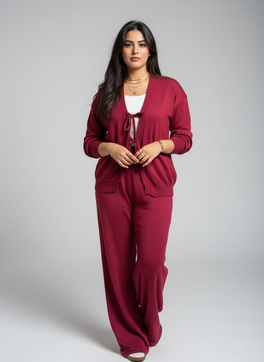 Tie-front knit set- Burgundy