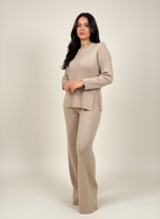 crew neck slit knit set - Café