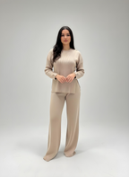 crew neck slit knit set - Café